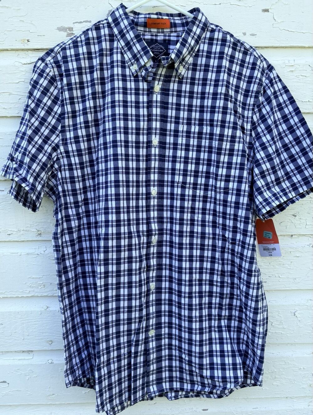 St. Johns Bay Shirt Mens L Blue Plaid Cotton Stretch Camp Button Down Short Slv